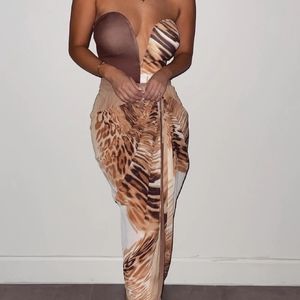 JLUXLABEL tan versailles sweetheart maxi skirt set